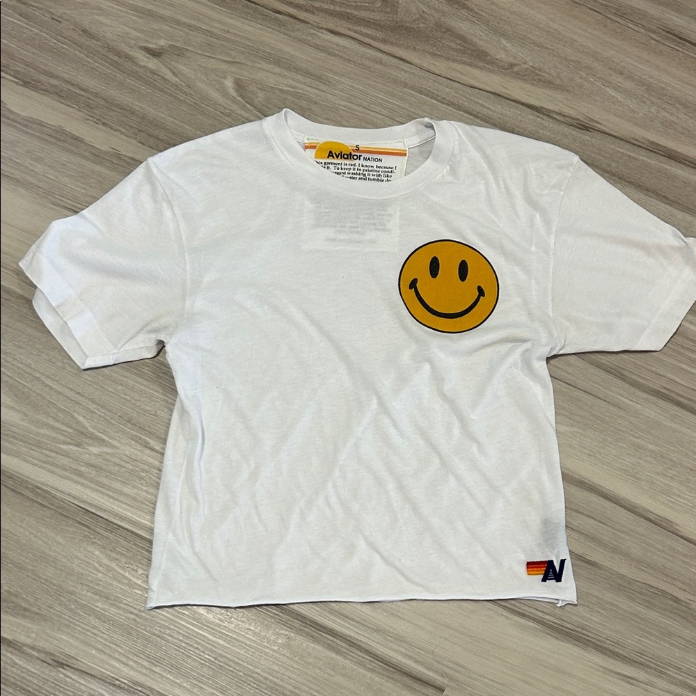 Aviator Nation White Tee with Yellow Smiley Patch
